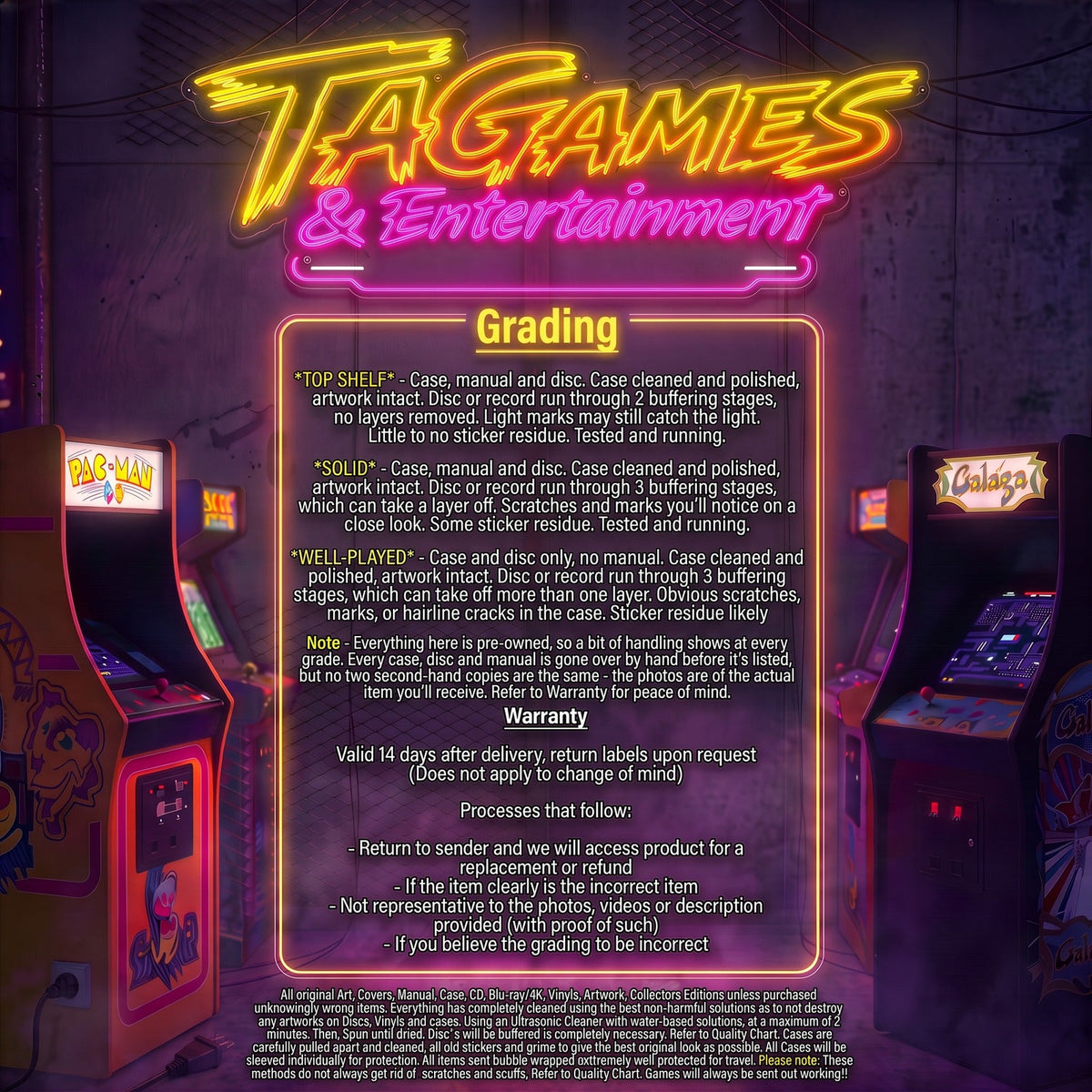 TAGames & Entertainment grading and warranty chart - Top Shelf, Solid, Well-Played