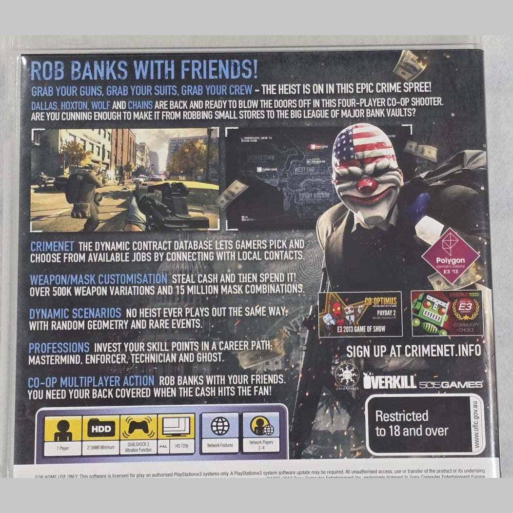 Payday 2 - PS3 *NM* (REGION FREE/CIB)