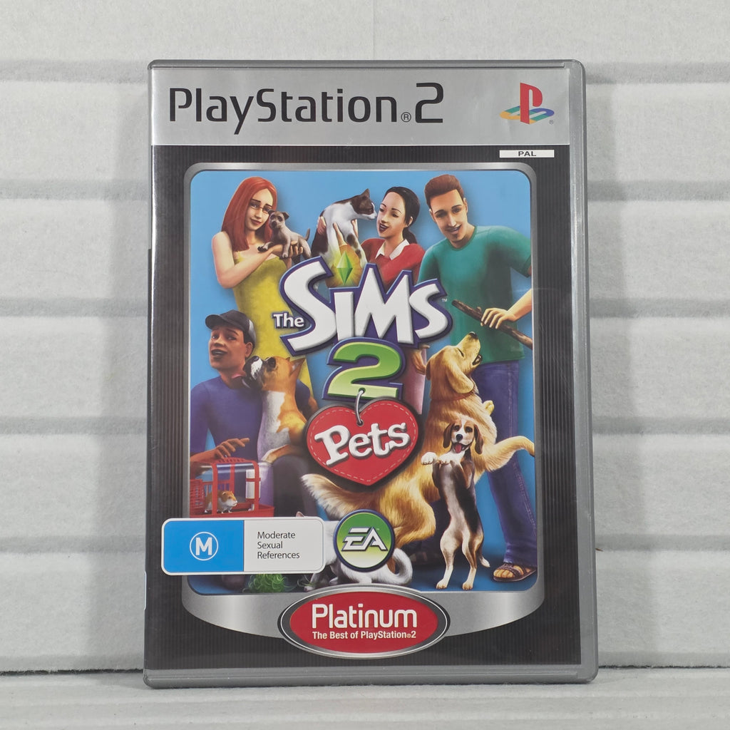 The Sims 2 Pets PlayStation 2 game case in a clear plastic protective sleeve, standing upright against a light gray textured background.