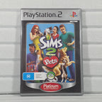 The Sims 2 Pets PlayStation 2 game case in a clear plastic protective sleeve, standing upright against a light gray textured background.