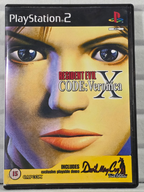 A PlayStation 2 game case for Resident Evil Code: Veronica X, featuring a close-up of Veronica's face on the cover, photographed against a light gray textured background.